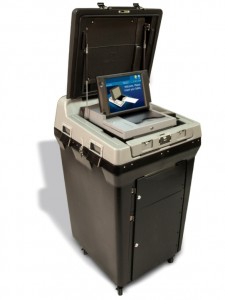 electronic machine with cover up to show scanning area